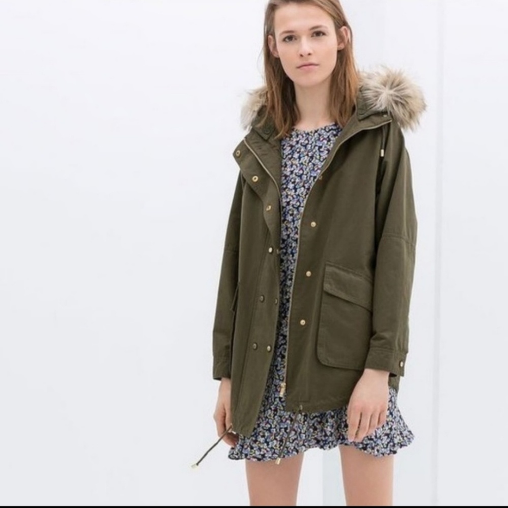 Zara Basic Quilted Lined Khaki Parka